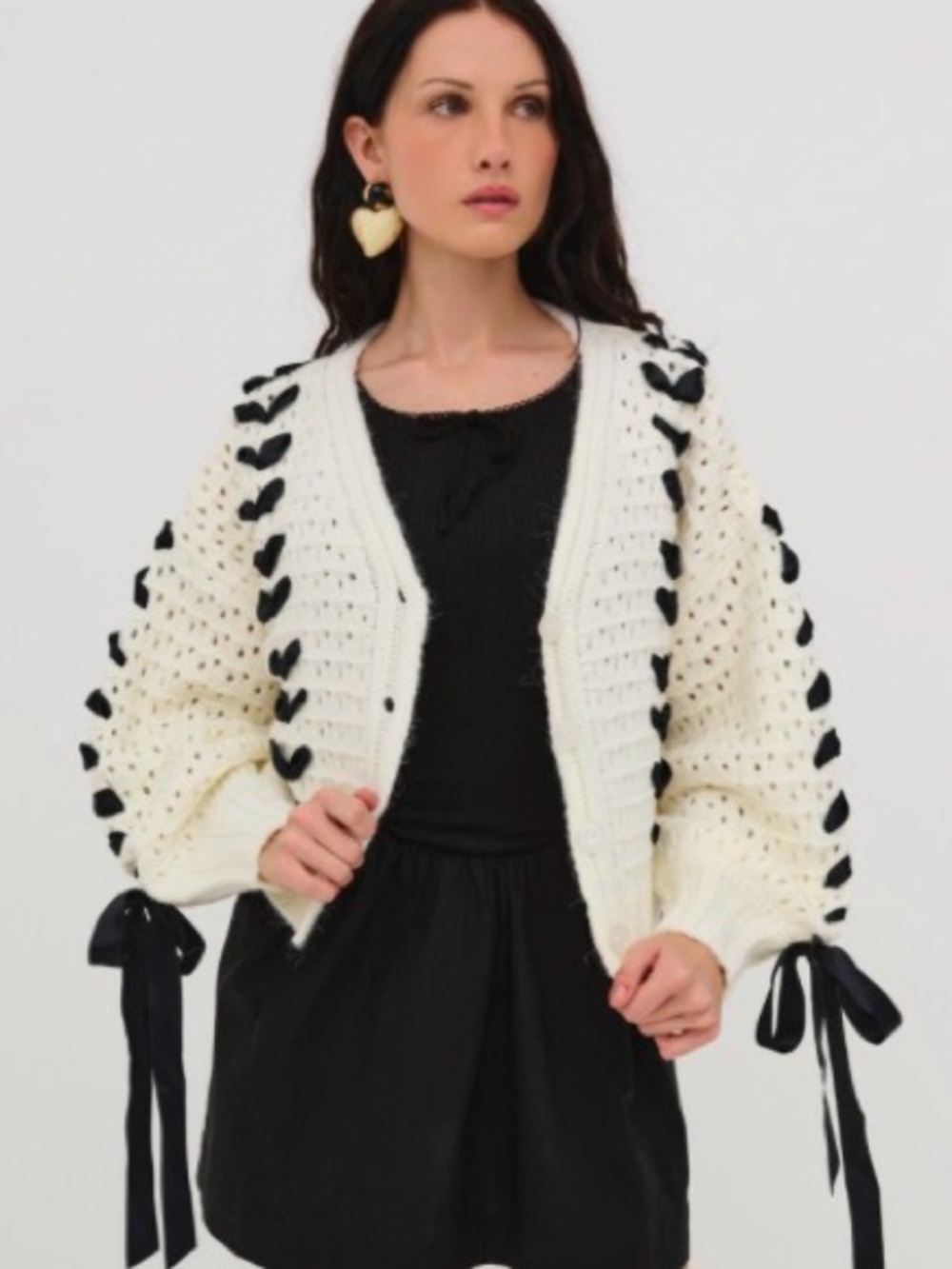 For Love & Lemons Ivory Cropped Cardigan with Black Ribbon Lacing